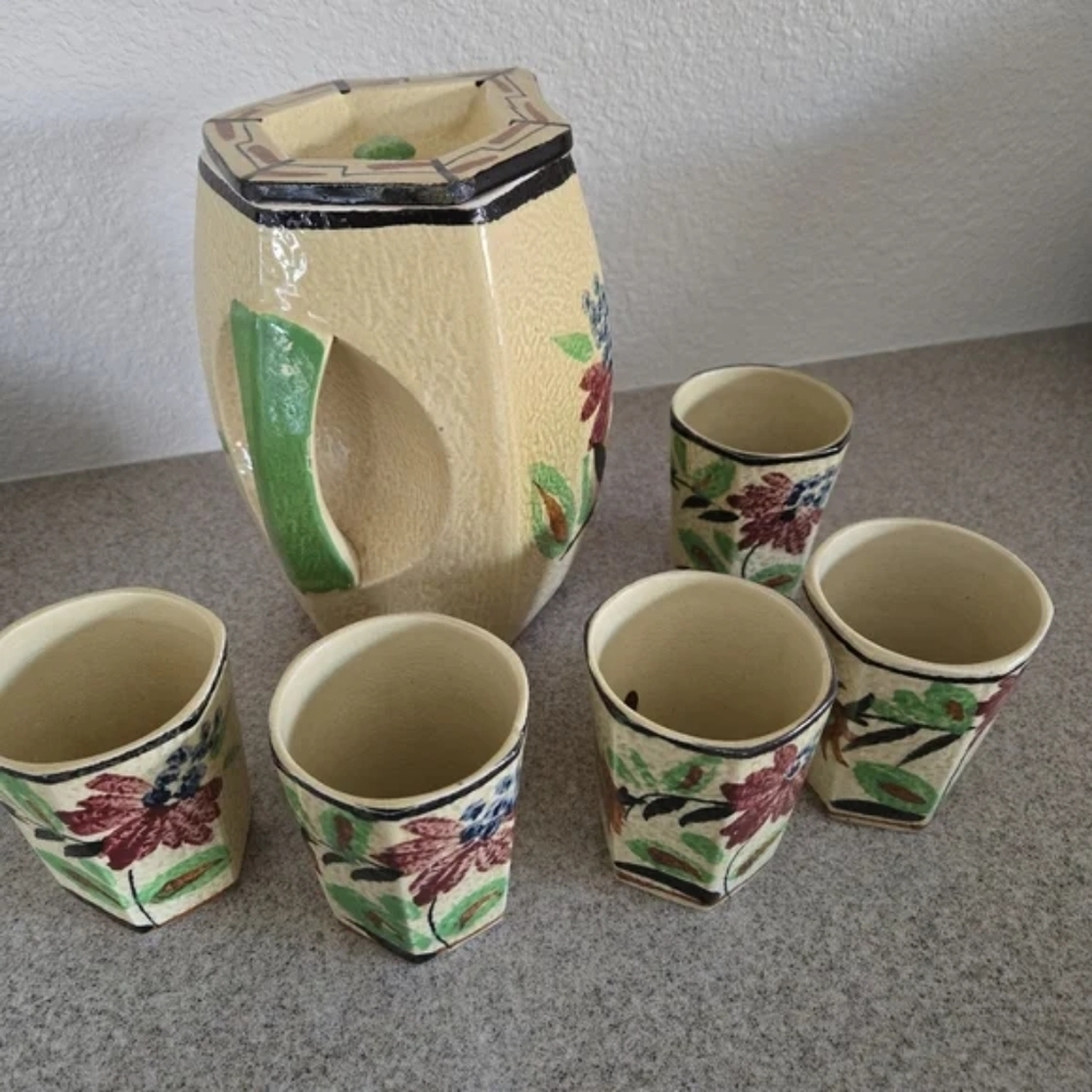 Vtg Handpainted Japanese Majolica Floral Ceramic Pitcher & 5 Cups Beverage Set - Picture 4 of 5